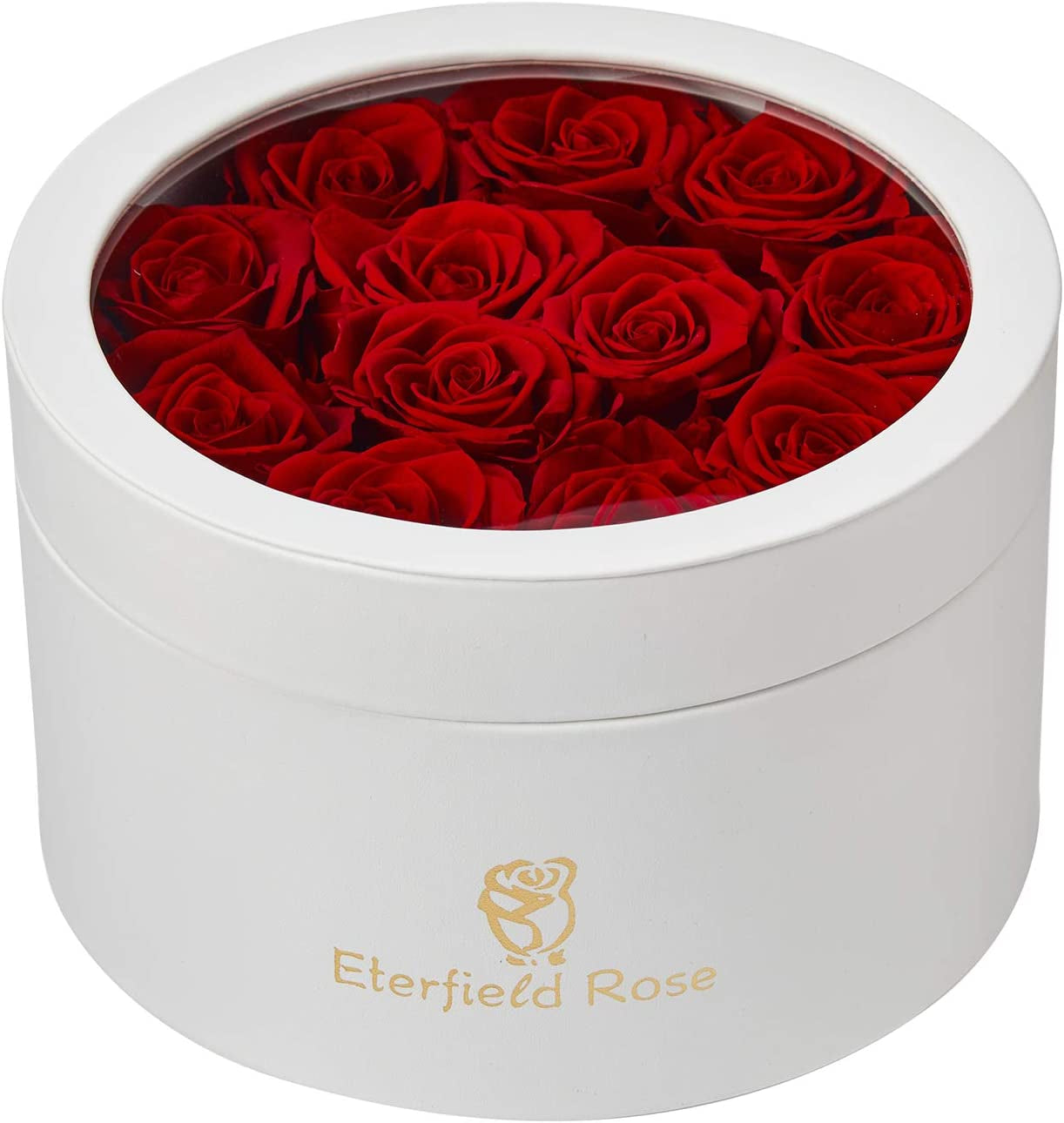 12 Preserved Rose in a Box Real Roses That Last a Year Preserved Flowers for Delivery Prime Gift for Her Valentines Day Mother Day (Red Roses, round White PU Leather Box)