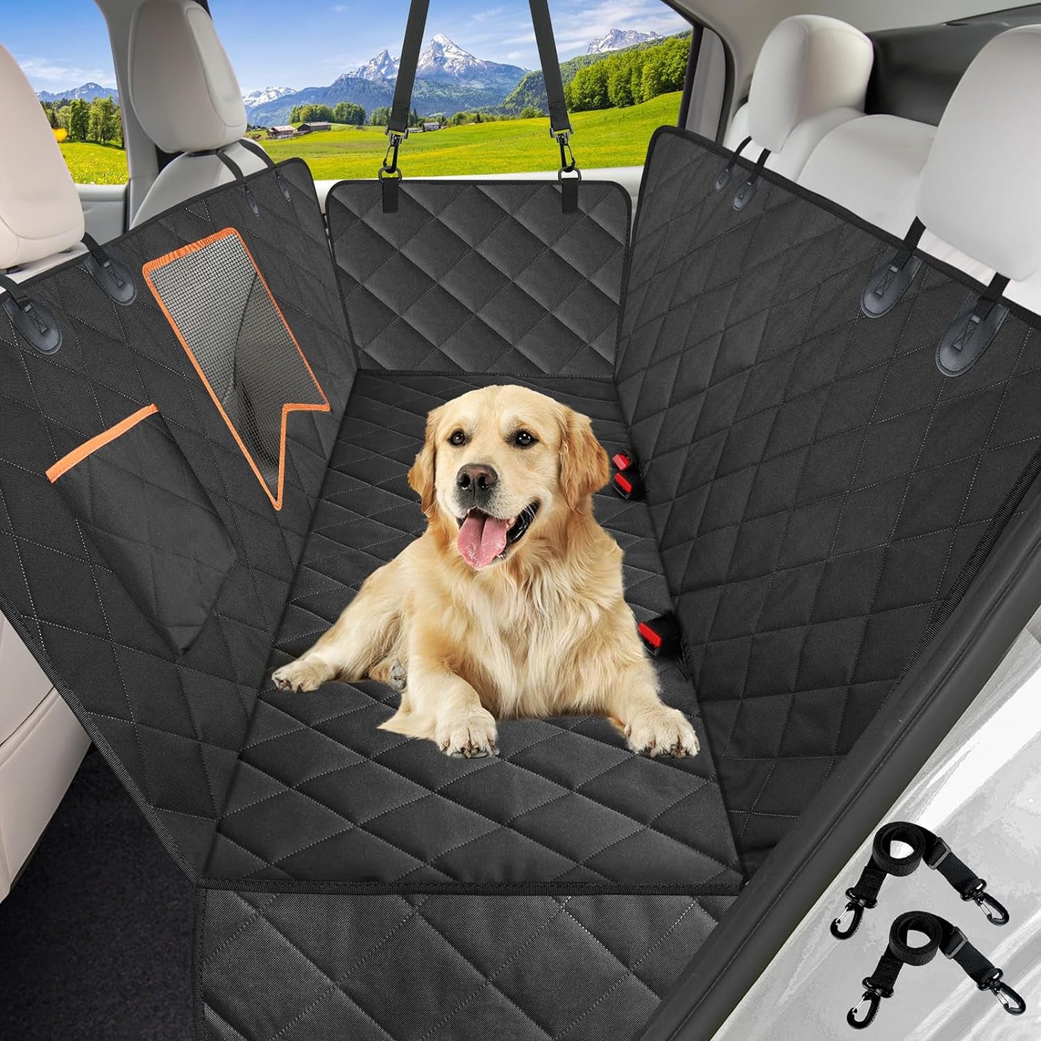 Dog Car Seat Cover for Back Seat, 100% Waterproof Dog Seat Cover with Mesh Window, Anti-Scratch Nonslip Durable Soft Pet Dog Car Hammock for Cars Trucks and SUV